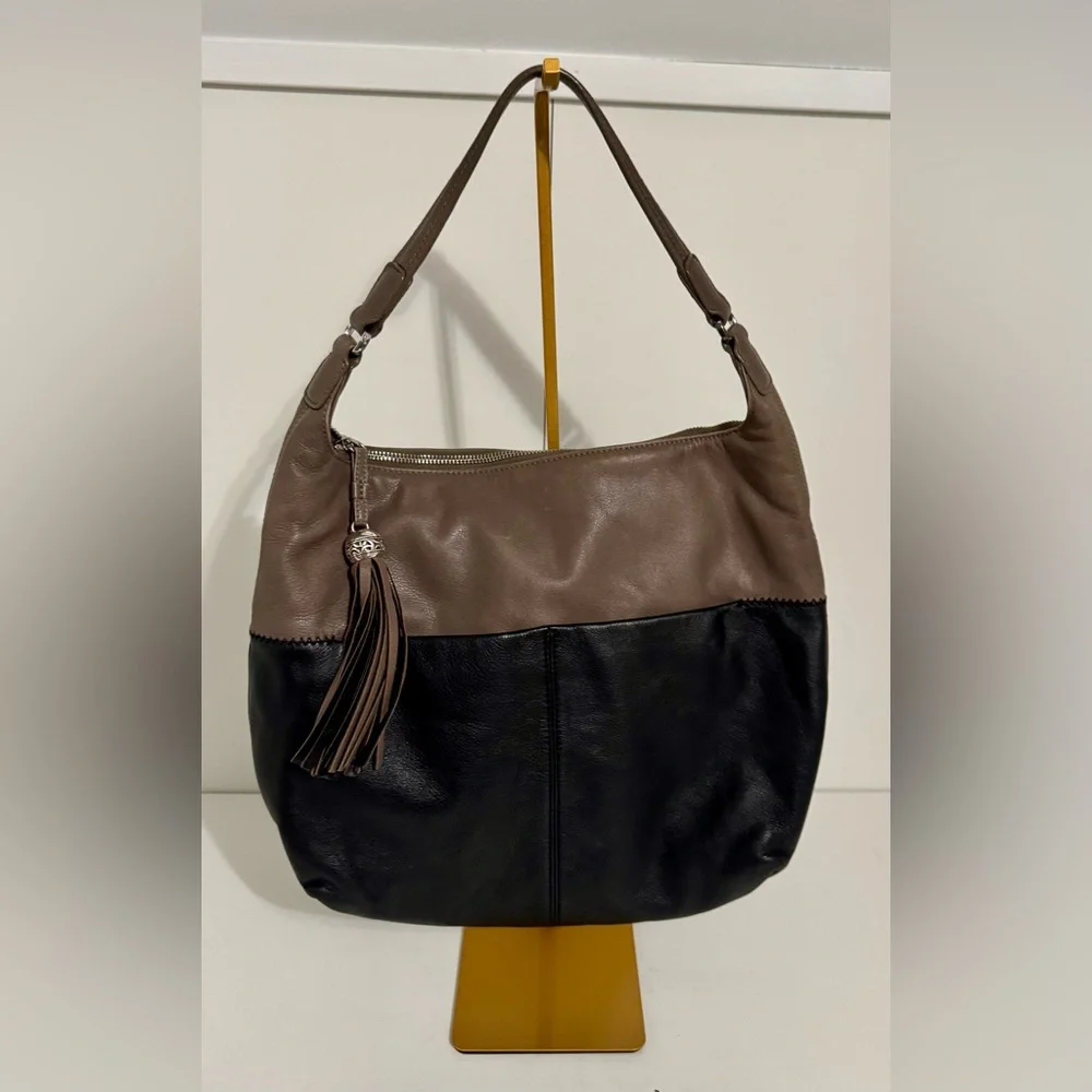 Authentic Brighton Brant Hobo Bag Black and Mink Leather‎ With Decorative Tassel